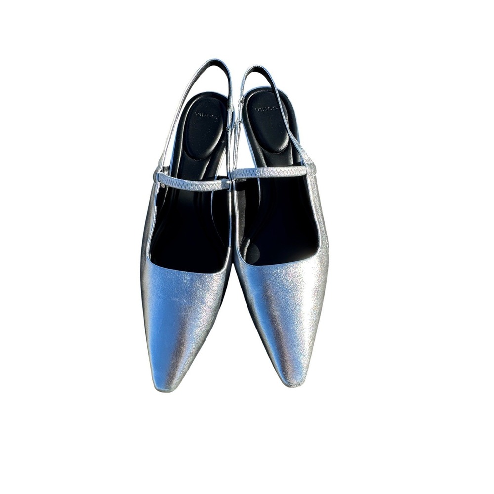 Vince Venice Womens 9.5 Silver Metallic Leather Slingback Kitten Heel Pumps
